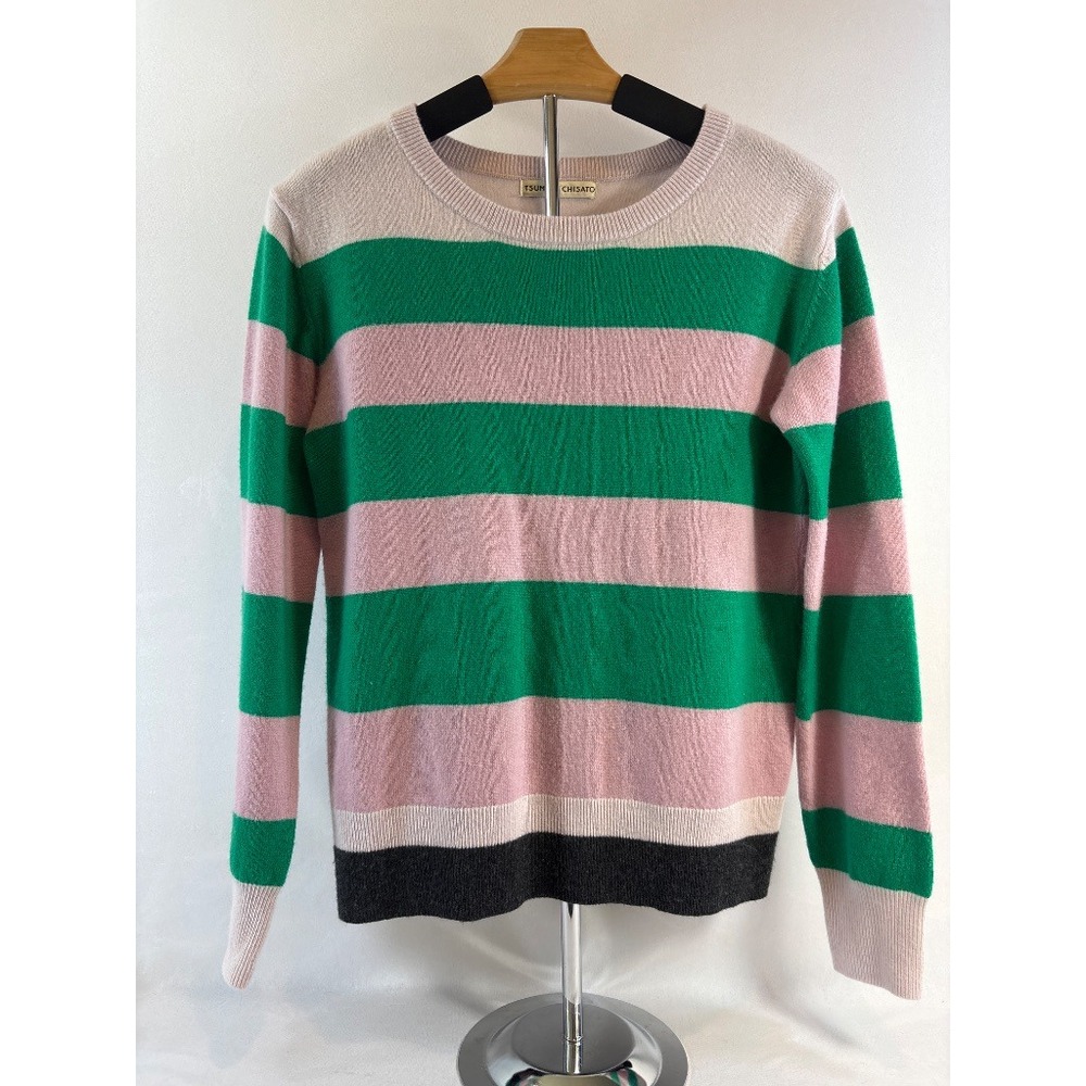 Tsumori Chisato 100% Cashmere Striped Pink Green Crewneck Sweater Size 2